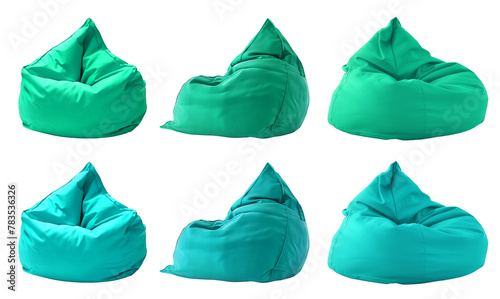 2 Collection set of turquoise blue green plain beanbag bean bag seat chair, front side view on transparent cutout, PNG file. Many angle. Mockup template for design