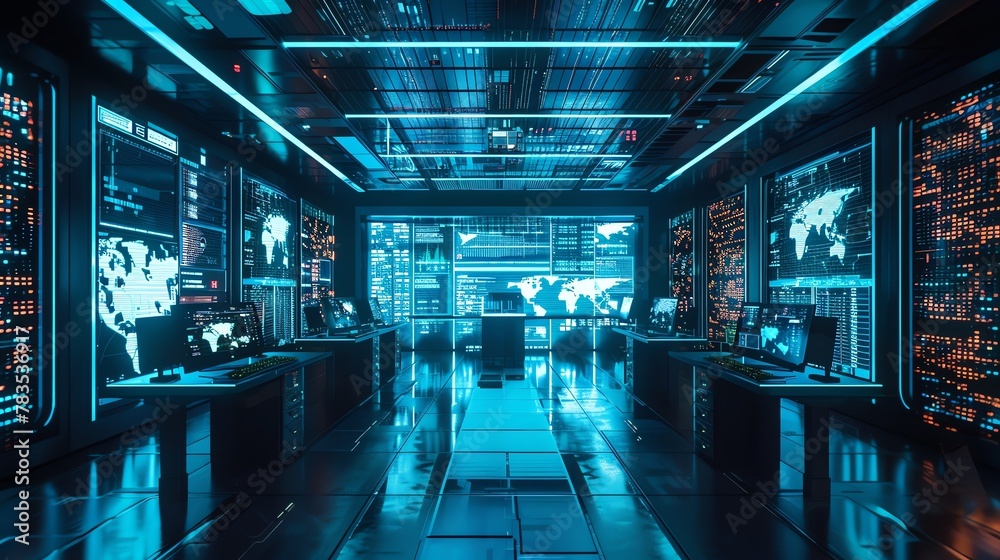 AI-enhanced cyber surveillance room, glowing screens, high-tech espionage AI-enhanced cyber surveillance room, glowing screens, high-tech espionage