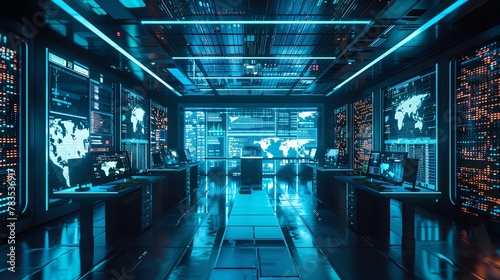AI-enhanced cyber surveillance room, glowing screens, high-tech espionage