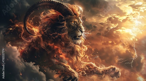 Fantasy beast with lion head, goat body, serpent tail, thunderous sky, high contrast lighting, high angle