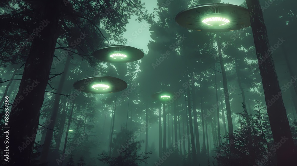 UFOs hovering over a secluded forest, eerie green lights casting shadows, mysterious atmospheric night