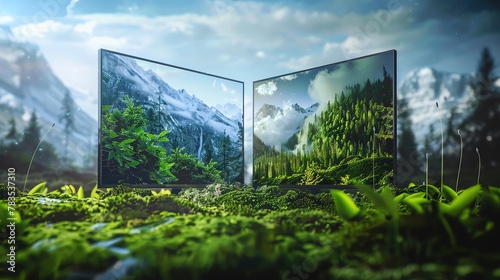 Perception vs reality in ecofriendly advertising, contrast shown on dual futuristic screens photo