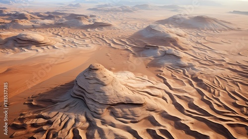 Aerial view of sandstone formations in a desert, with textured patterns carved by wind and water erosion over millennia photo