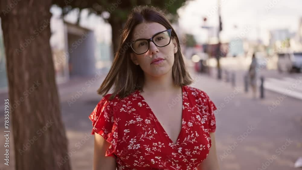 In the heart of tokyo, a beautiful hispanic woman, her glasses reflecting city lights, stands with a serious expression against urban architecture.