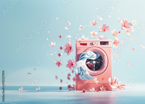 A surreal scene with a pink washing machine surrounded by animated summer sakura petals for a dreamy feel photo