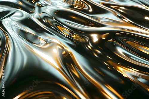 A shiny, metallic surface with a wave-like pattern. The surface is reflective and has a metallic sheen