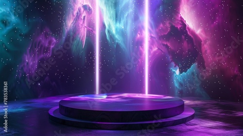 The mesmerizing Cosmic Nebula podium is adorned with vibrant hues of purple and teal giving off a galactic vibe that perfectly complements . .