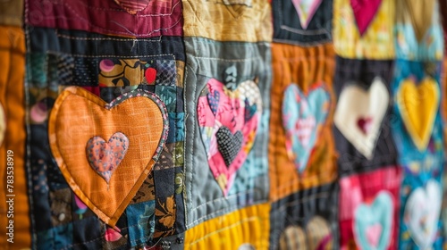 A patchwork quilt with heart windows showcasing mysterious scenes, against a white background photo