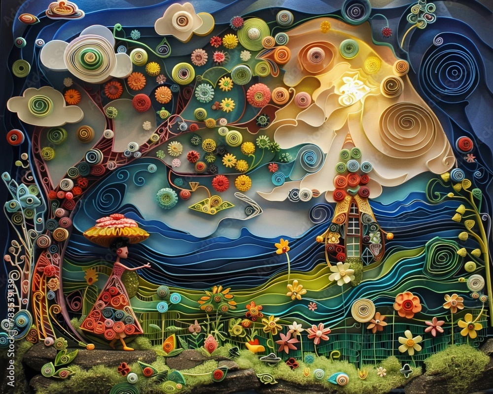 A whimsical comic strip where the characters and scenery are made entirely from paper quilling and spirograph patterns