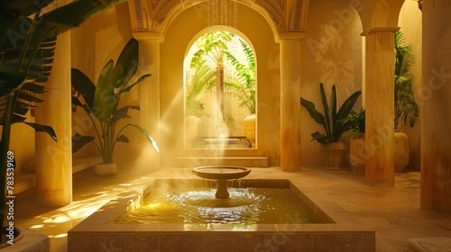A sunlit alcove with a bubbling fountain and warm hues of saffron and amber creating a peaceful and tranquil setting for guests to . . photo
