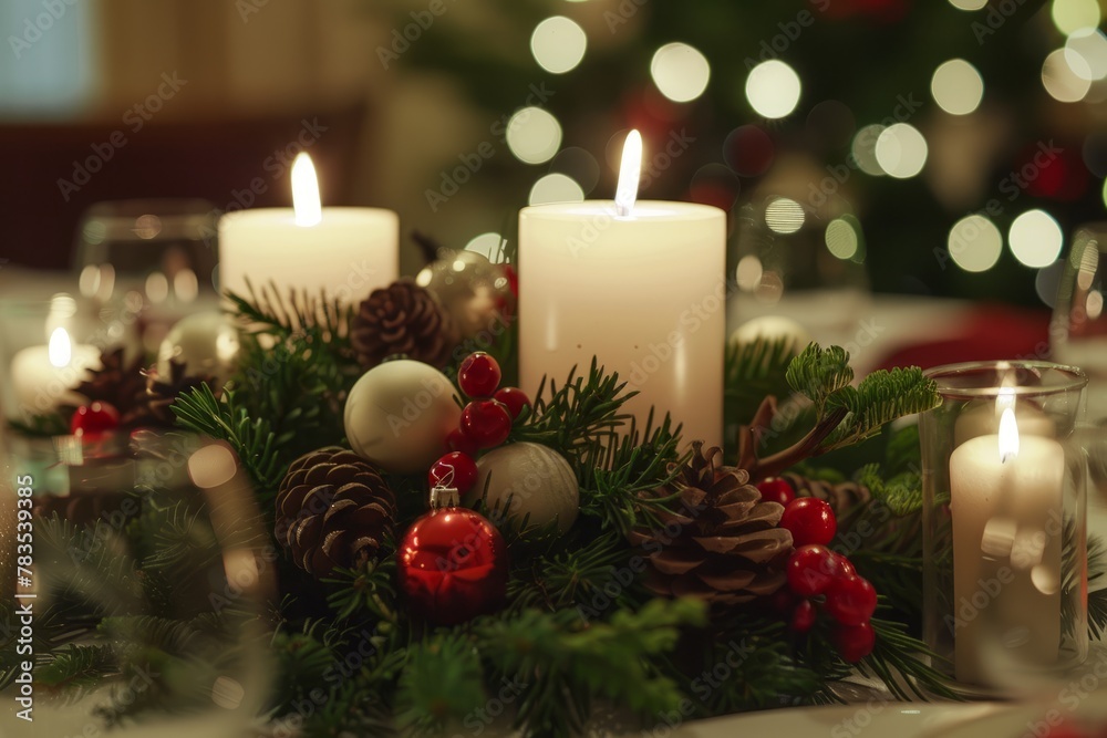 Traditional Festive Table Setting with Candles for Christmas