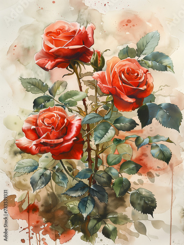 a watercolor painting of red rose flowers  Generative AI.