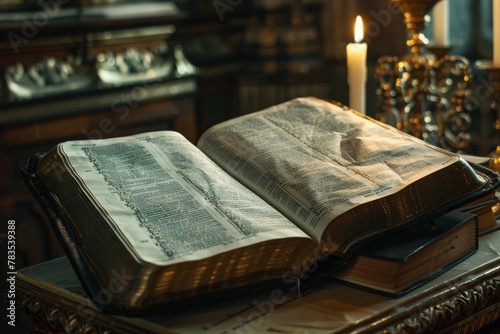 Open Holy Bible on Church Altar with Candles in Background
