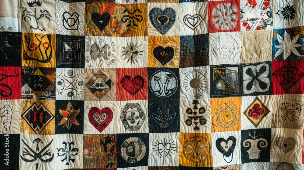 Intricate patchwork quilt featuring ancient symbols and heart motifs, hinting at a hidden mystery, on a white backdrop Intricate patchwork quilt featuring ancient symbols and heart motifs, hinting at a hidden mystery, on a white backdrop