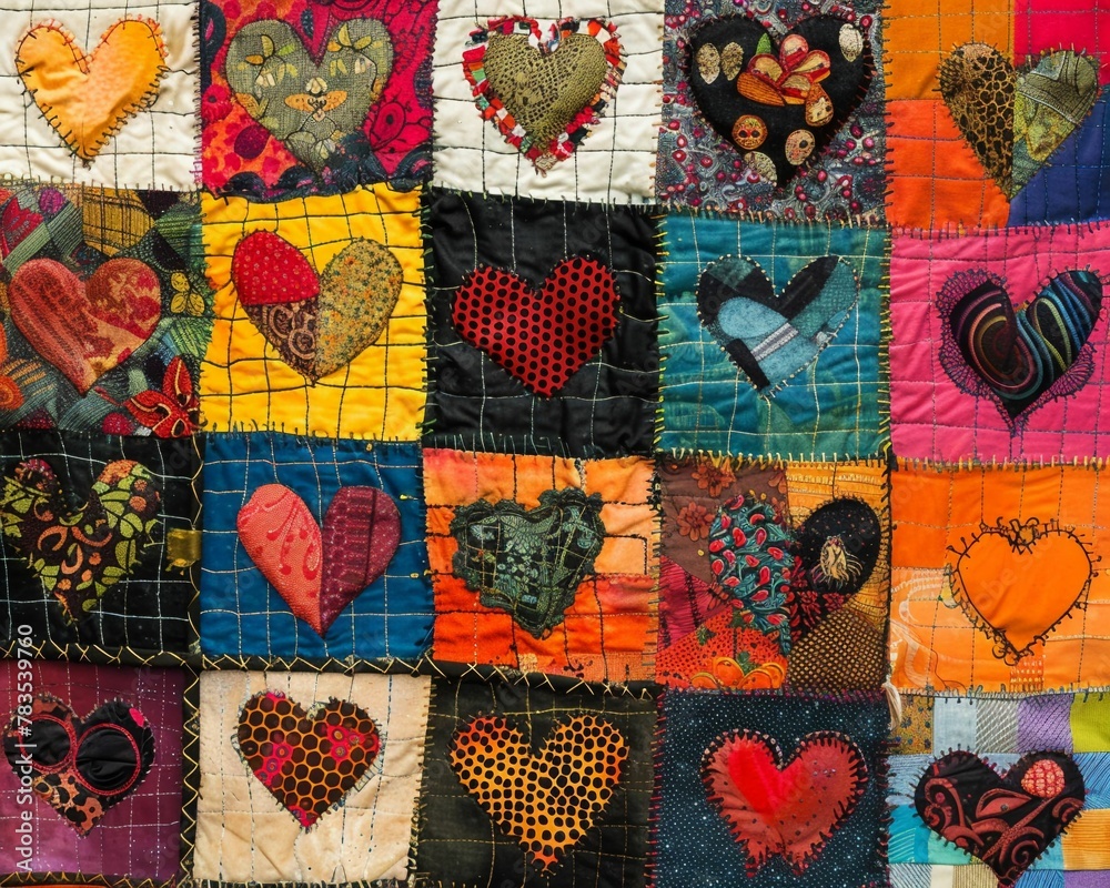 Patchwork quilt with heart designs, each piece telling a part of an unsolved mystery, against a white setting Patchwork quilt with heart designs, each piece telling a part of an unsolved mystery, against a white setting