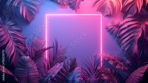 Jungle creative neon light cyber frame on fresh palm leaves, generative Ai