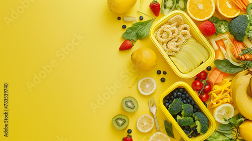 Healthy Food Lunch Box Top View on Wooden Table with Copy Space for Nutrition and Wellness Concept. Fresh Organic Ingredients for Delicious Homemade Salad Preparation  Balanced Diet Lifestyle