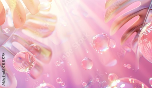 Ethereal scene of translucent pink bubbles drifting in soft light radiating a dreamy summer ambiance The image symbolizes purity and the gentle passage of time