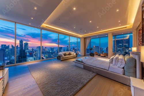 Stylish Bedroom with Panoramic Cityscape View at Twilight