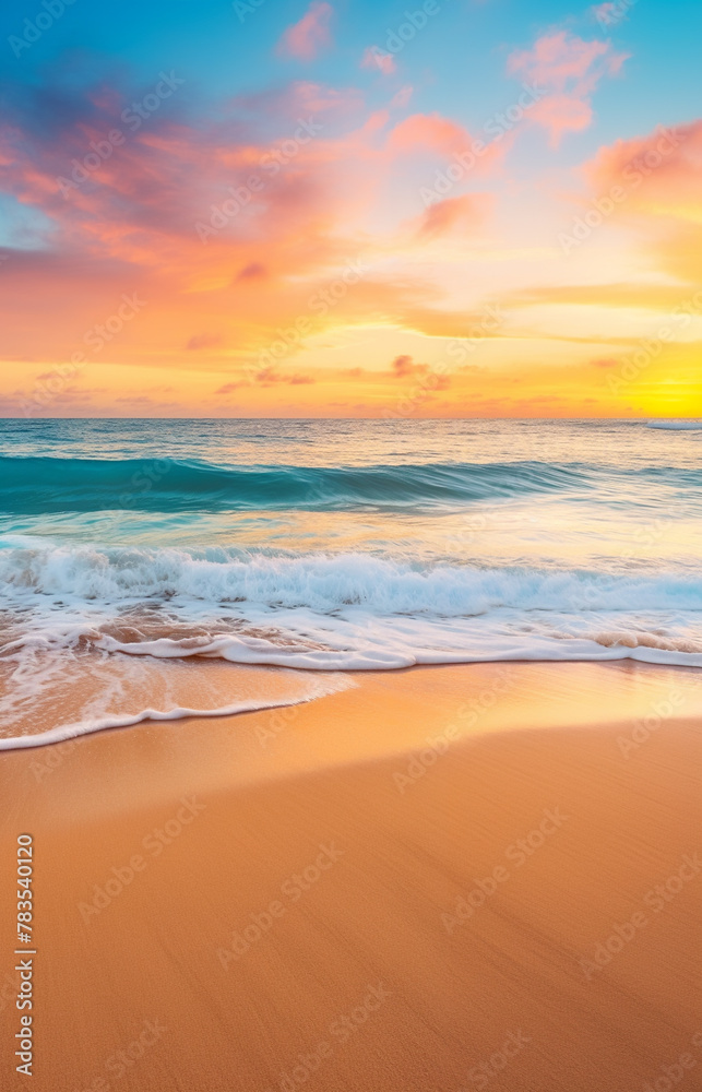 Sunset on tropical summer beach with soft sand and crystal clear ocean waves Sunset on tropical summer beach with soft sand and crystal clear ocean waves