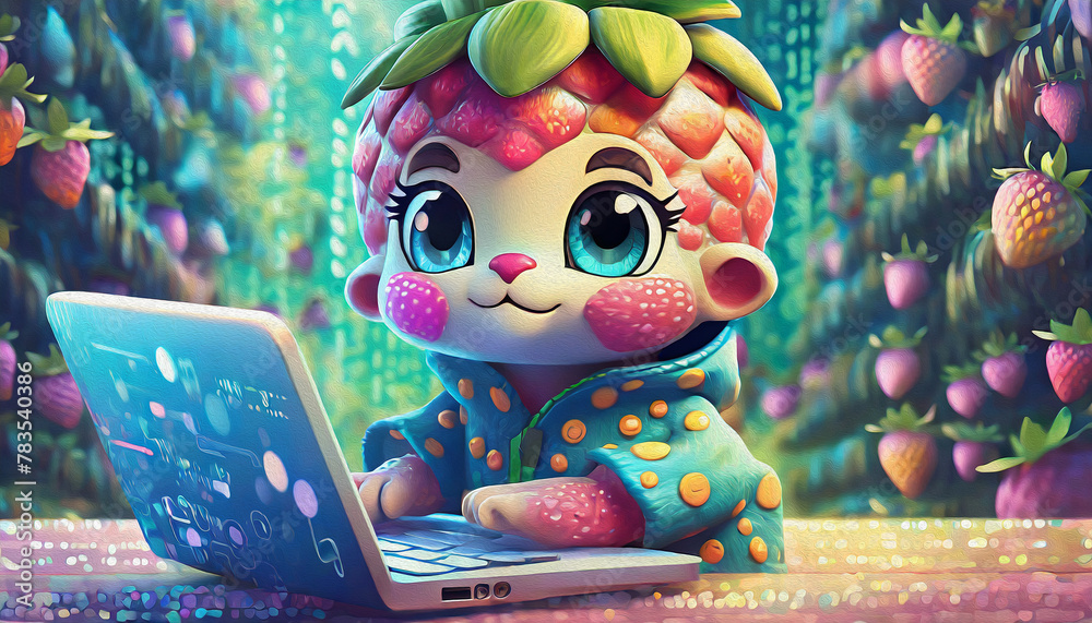 oil painting style Close up of baby strawberry cartoon character hacker hands using laptop with creative binary code, oil painting style Close up of baby strawberry cartoon character hacker hands using laptop with creative binary code,