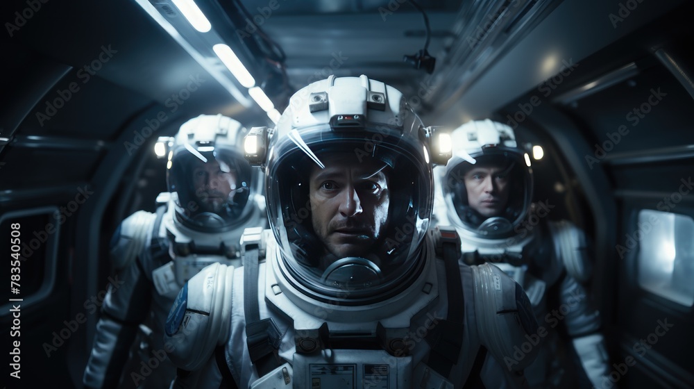 Team of astronauts in a space suits aboard the orbital station. A crew of cosmonauts piloting the spaceship. People in space. Galactic travel and science concept. Team of astronauts in a space suits aboard the orbital station. A crew of cosmonauts piloting the spaceship. People in space. Galactic travel and science concept.