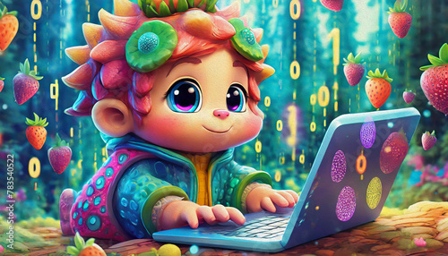 oil painting style Close up of baby strawberry cartoon character hacker hands using laptop with creative binary code,
