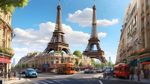 A detailed digital illustration of the Eiffel Tower amidst a bustling city, featuring intricate architectural elements and vibrant street life. The scene should convey the energy and dynamism of Paris