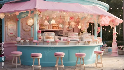 A little  whimsically decorated outdoor ice cream parlor for