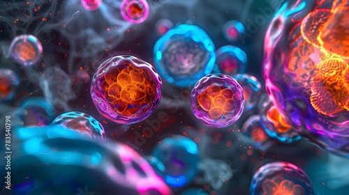 An illustration digital, showcasing a contrast dynamic between cells healthy, illustrated in colors luminous, radiant, all within X-ray.