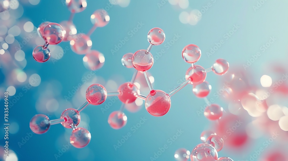 Protein molecule, intricate atomic model, close-up, isolated against a pure solid blue background Protein molecule, intricate atomic model, close-up, isolated against a pure solid blue background