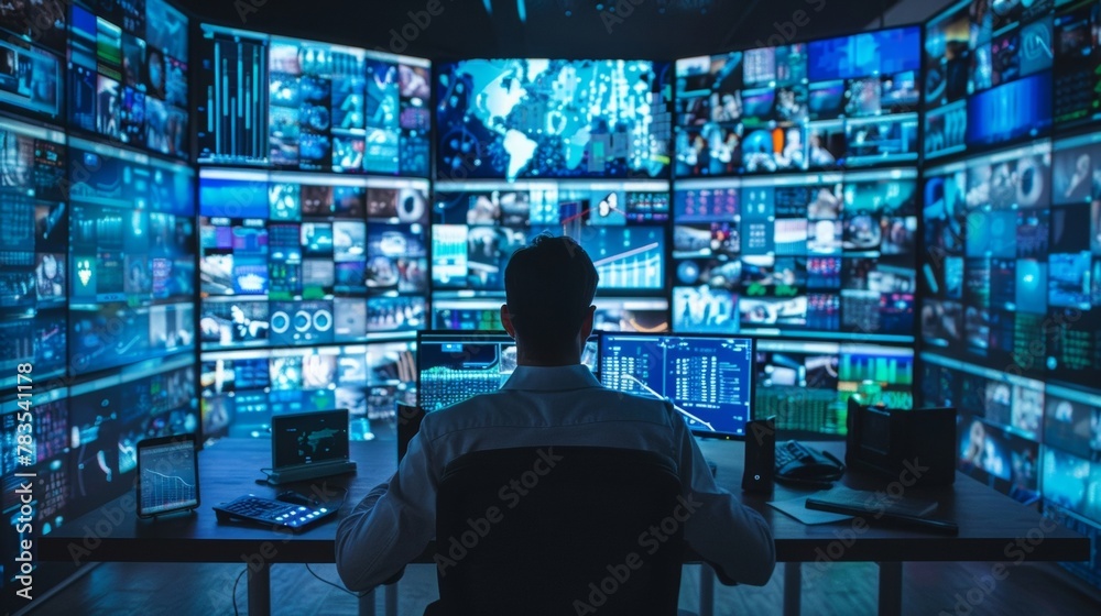 A journalist sits at their desk completely surrounded by screens of all sizes displaying a plethora of information from news articles and social media feeds to graphs and charts as . A journalist sits at their desk completely surrounded by screens of all sizes displaying a plethora of information from news articles and social media feeds to graphs and charts as .
