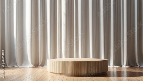 Modern Round Wooden Podium Beside Soft White Drapery in Sunlight