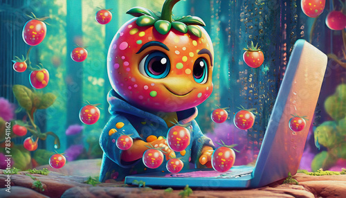 oil painting style baby tomato cartoon character hacker hands using laptop with creative binary cod