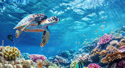 A sea turtle swimming above vibrant coral reefs, surrounded by colorful fish and marine life in the clear blue ocean waters of Australia's Great Barrier Reef.
