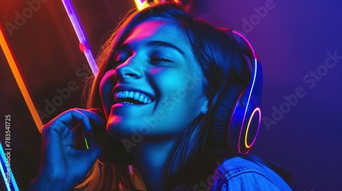 Portrait of happy pretty woman with headphones listening to music with vibrant colors and light neon.
