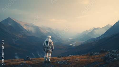 Astronaut exploring an exoplanet. Sci-fi colonist in spacesuit walks on the surface of another planet. People in space. The concept of galactic travel and science. photo
