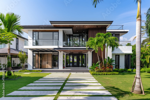 A wide angle photo of a modern house in Chiang Mai with white walls and light grey tiles, surrounded by lush green grass and palm trees © Kien