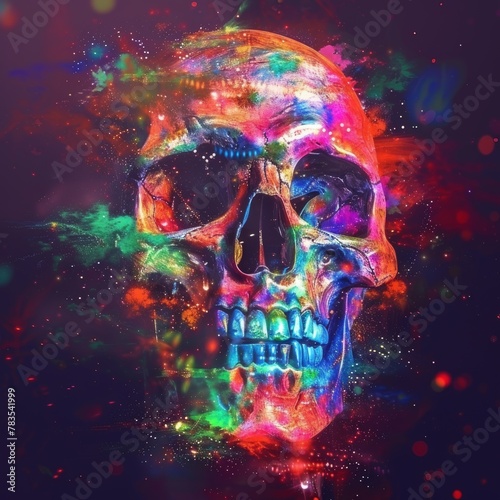 A vividly colored skull against a cosmos of hues represents the concept of life and mortality during the summer season