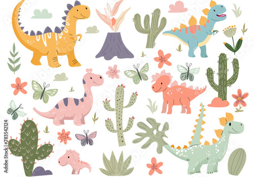 A vector clipart of cute cartoon dinosaurs in various poses  pastel colors  and simple shapes on a white background. Detailed elements include cacti  butterflies  flowers  leaves  a volcano  clouds