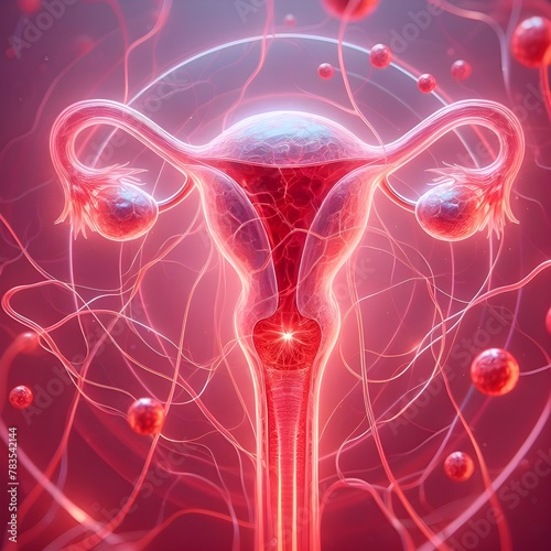 Cancer cells on Uterus 3d render illustration glowing female human organs, healthcare technology science concept, futuristic scientific background