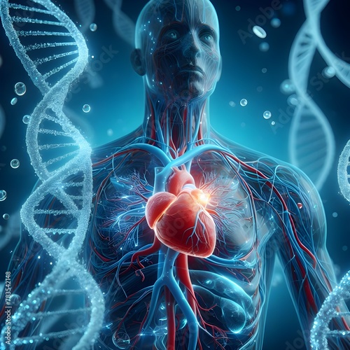 Human heart 3d illustration in human body holographic with dna spiral, Heart and Healthcare technology in hospital on digital scientific background.