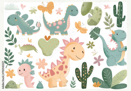 A vector clipart of cute cartoon dinosaurs in various poses, pastel colors, and simple shapes on a white background. Detailed elements include cacti, butterflies, flowers, leaves, a volcano © Kien