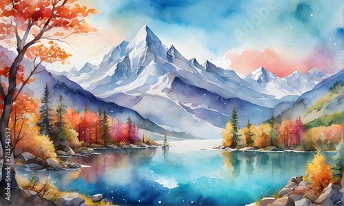 Beautiful autumn landscape with mountains and lake	
