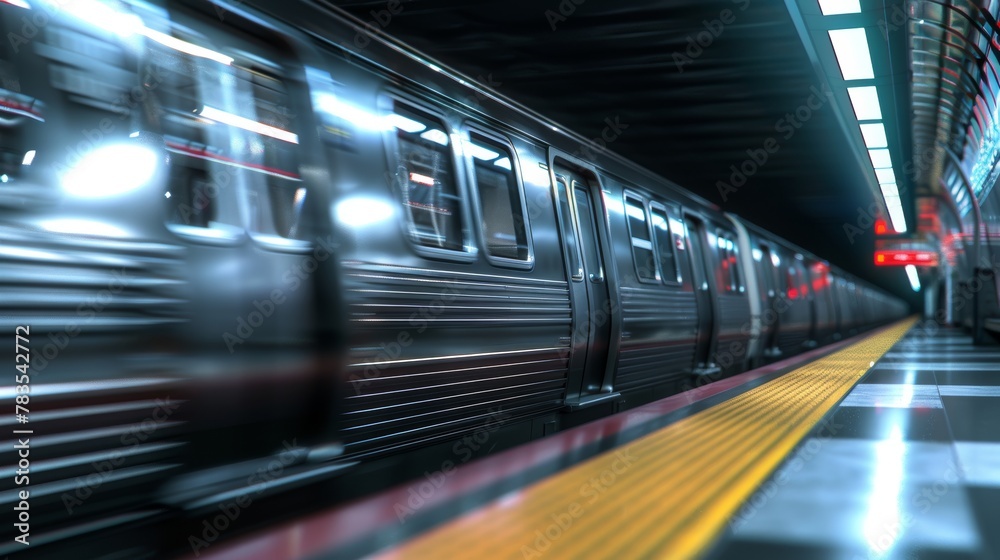 Pristine modern subway train, empty and gleaming under bright station lights