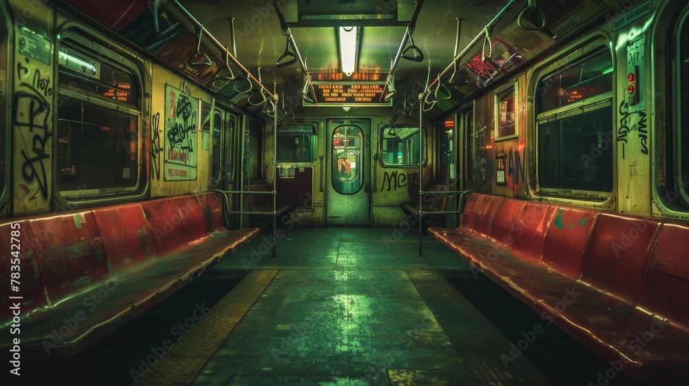 Lonely subway car gliding silently beneath the city, a hidden artery of