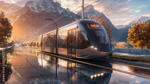 Sleek city tram speeds past scenic views, merging contemporary design with picturesque backdrops