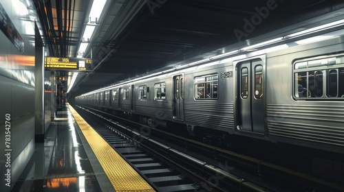 Pristine modern subway train, empty and gleaming under bright station lights
