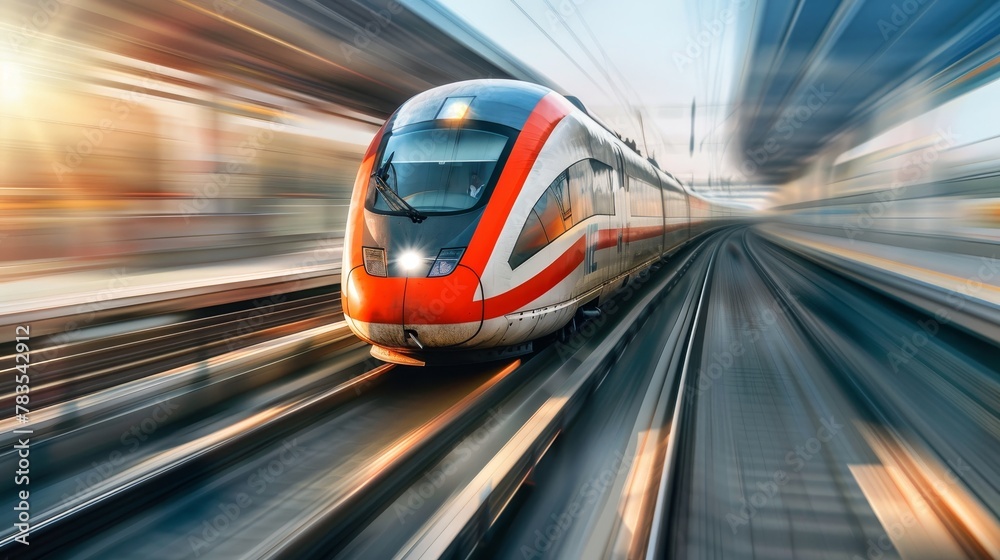 Dynamic shot of a high-speed train, motion blur emphasizing the rush of modern travel