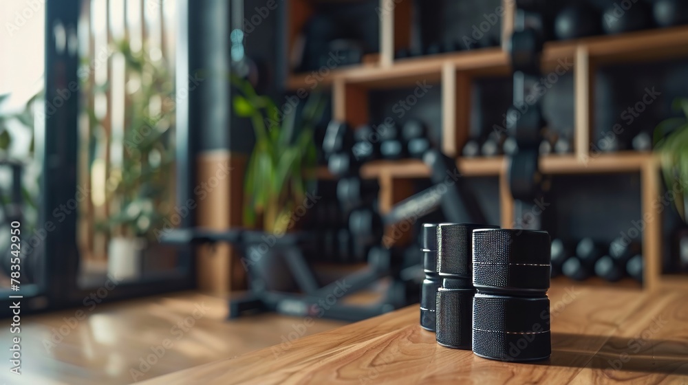 Obraz premium Close-up of wrist wraps ready for a workout, set against the backdrop of a well-equipped home gym